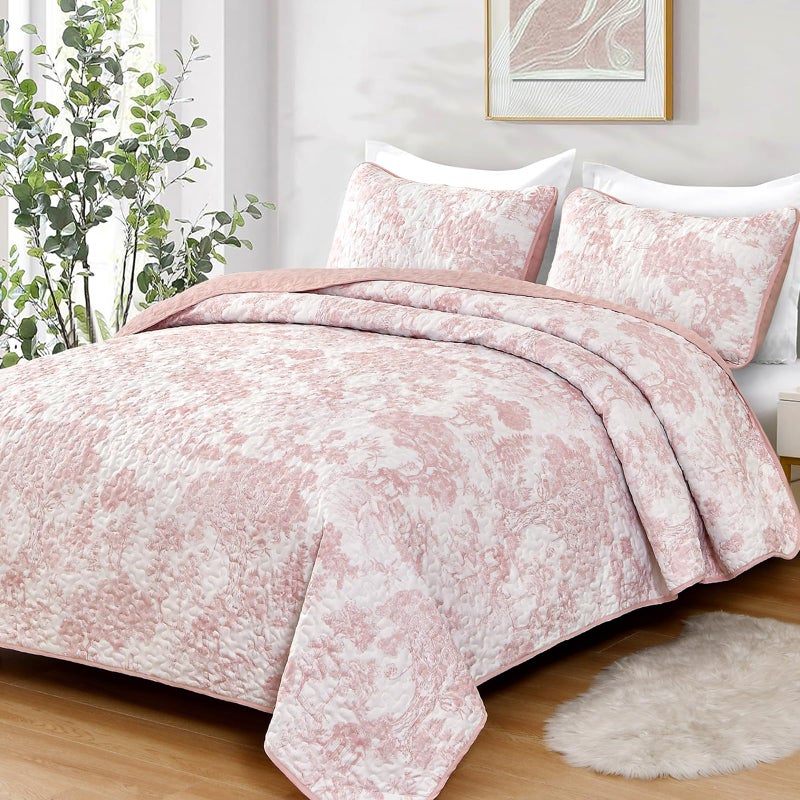 WONGS BEDDING Quilt Set King Size  3 Pieces Pink Floral Plants Printed Bedspread Coverlet Set Soft Lightweight Microfiber Botanical Bedding Set for All Season (104""x90"") - Image 1